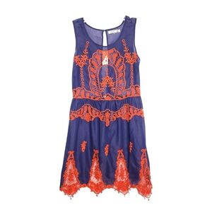 Umgee USA G purple sheer mini sundress sleeveless orange lace accents SZ M